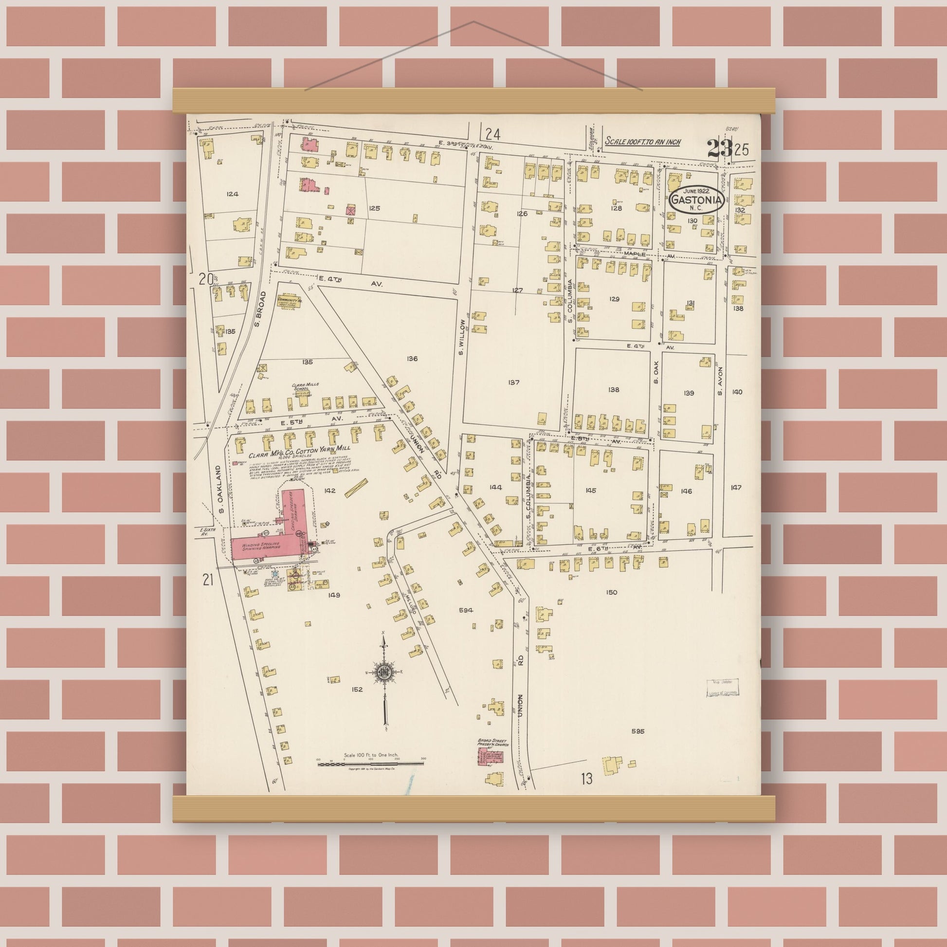 Old map wall art mockup — magnetic wood frame on brick wall — Sanborn Fire Insurance Map from Gastonia, Gaston County, North Carolina (1922), Sheet #0023