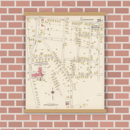 Old map wall art mockup — magnetic wood frame on brick wall — Sanborn Fire Insurance Map from Gastonia, Gaston County, North Carolina (1922), Sheet #0023