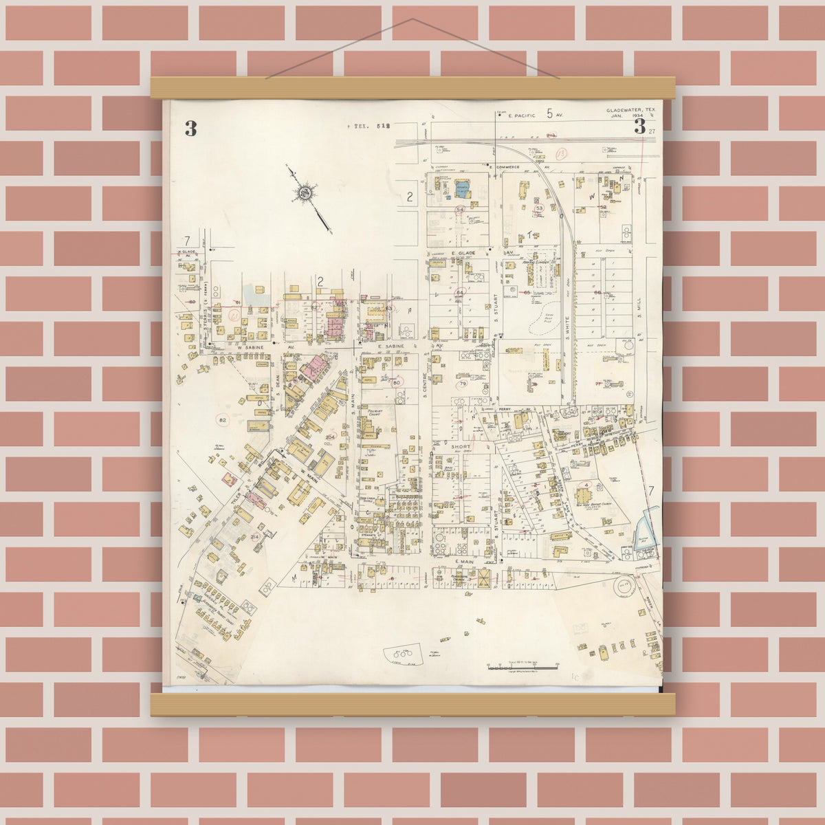Old map wall art mockup — magnetic wood frame on brick wall — Sanborn Fire Insurance Map from Gladewater, Gregg County, Texas (1938), Sheet #0003