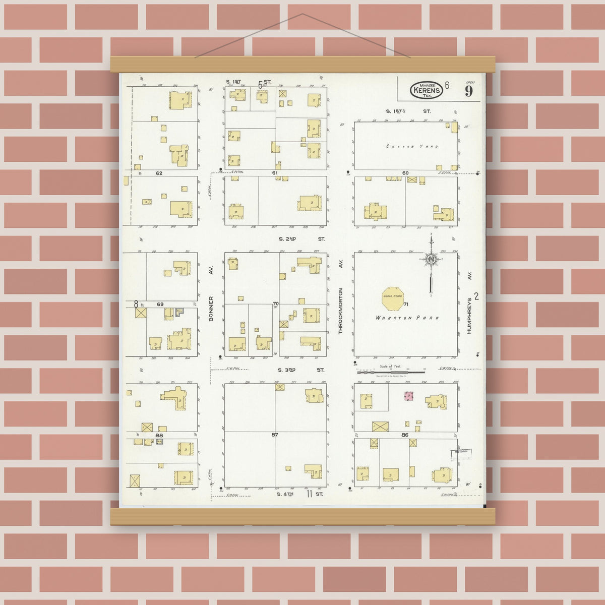 Old map wall art mockup — magnetic wood frame on brick wall — Sanborn Fire Insurance Map from Kerens, Navarro County, Texas (1921), Sheet #0009