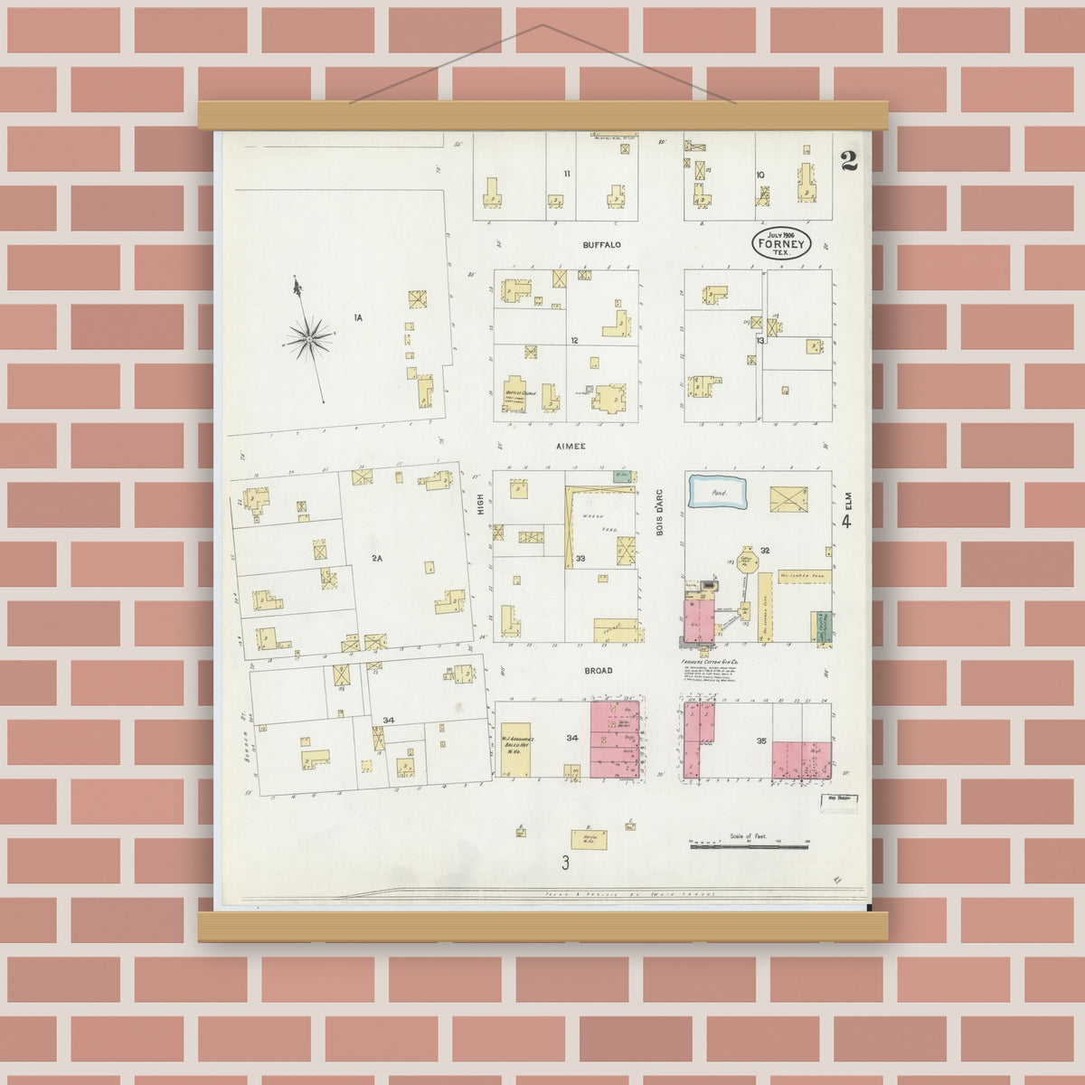 Old map wall art mockup — magnetic wood frame on brick wall — Sanborn Fire Insurance Map from Forney, Kaufman County, Texas (1906), Sheet #0002