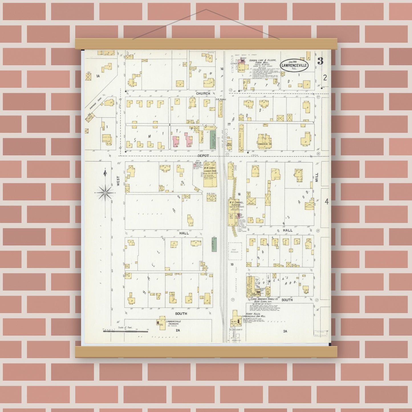 Old map wall art mockup — magnetic wood frame on brick wall — Sanborn Fire Insurance Map from Lawrenceville, Lawrence County, Illinois (1901), Sheet #0003
