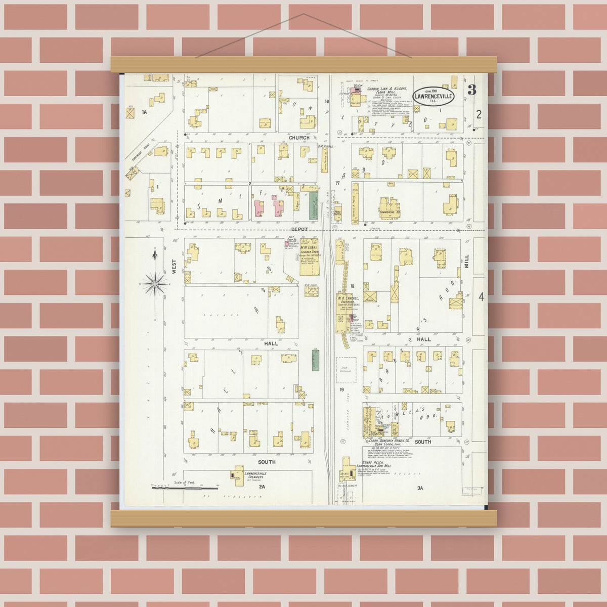 Old map wall art mockup — magnetic wood frame on brick wall — Sanborn Fire Insurance Map from Lawrenceville, Lawrence County, Illinois (1901), Sheet #0003