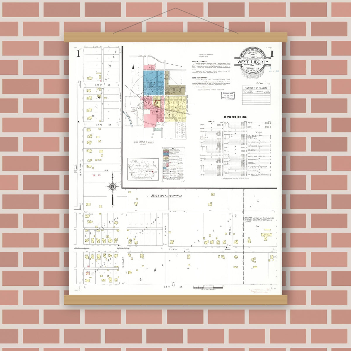 Old map wall art mockup — magnetic wood frame on brick wall — Sanborn Fire Insurance Map from West Liberty, Muscatine County, Iowa (1941), Sheet #0001