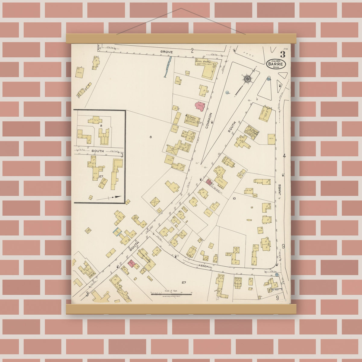 Old map wall art mockup — magnetic wood frame on brick wall — Sanborn Fire Insurance Map from Barre, Worcester County, Massachusetts (1922), Sheet #0003