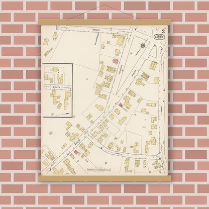 Old map wall art mockup — magnetic wood frame on brick wall — Sanborn Fire Insurance Map from Barre, Worcester County, Massachusetts (1922), Sheet #0003
