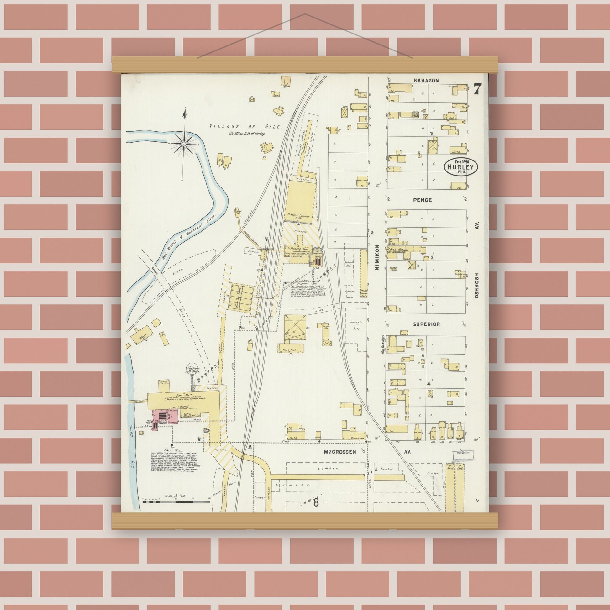 Old map wall art mockup — magnetic wood frame on brick wall — Sanborn Fire Insurance Map from Hurley, Iron County, Wisconsin (1898), Sheet #0007
