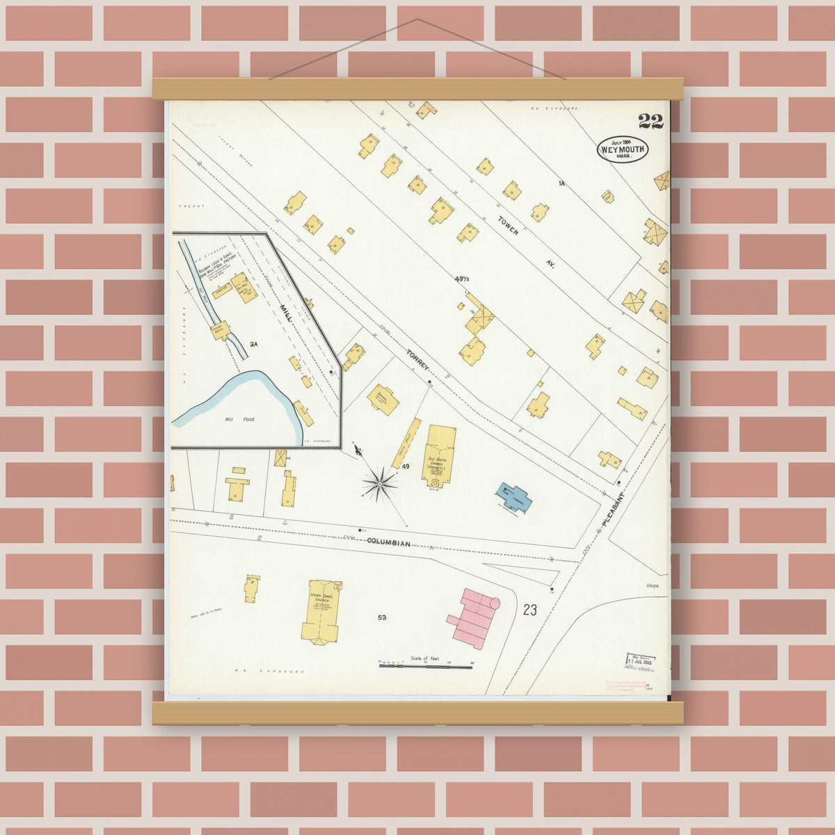 Old map wall art mockup — magnetic wood frame on brick wall — Sanborn Fire Insurance Map from Weymouth, Norfolk County, Massachusetts (1904), Sheet #0022