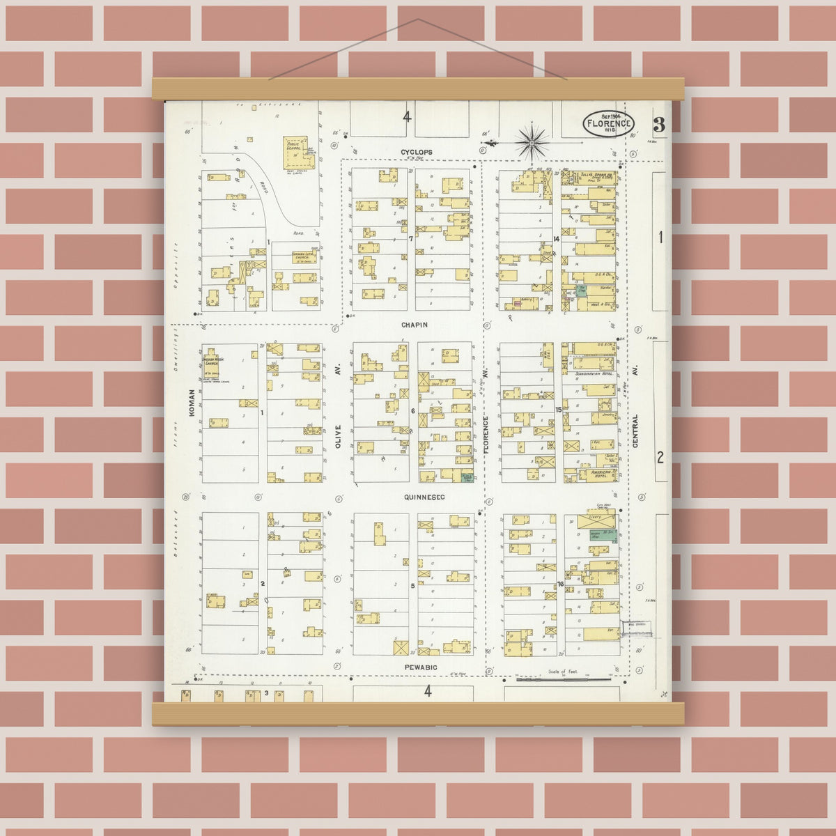 Old map wall art mockup — magnetic wood frame on brick wall — Sanborn Fire Insurance Map from Florence, Florence County, Wisconsin (1904), Sheet #0003