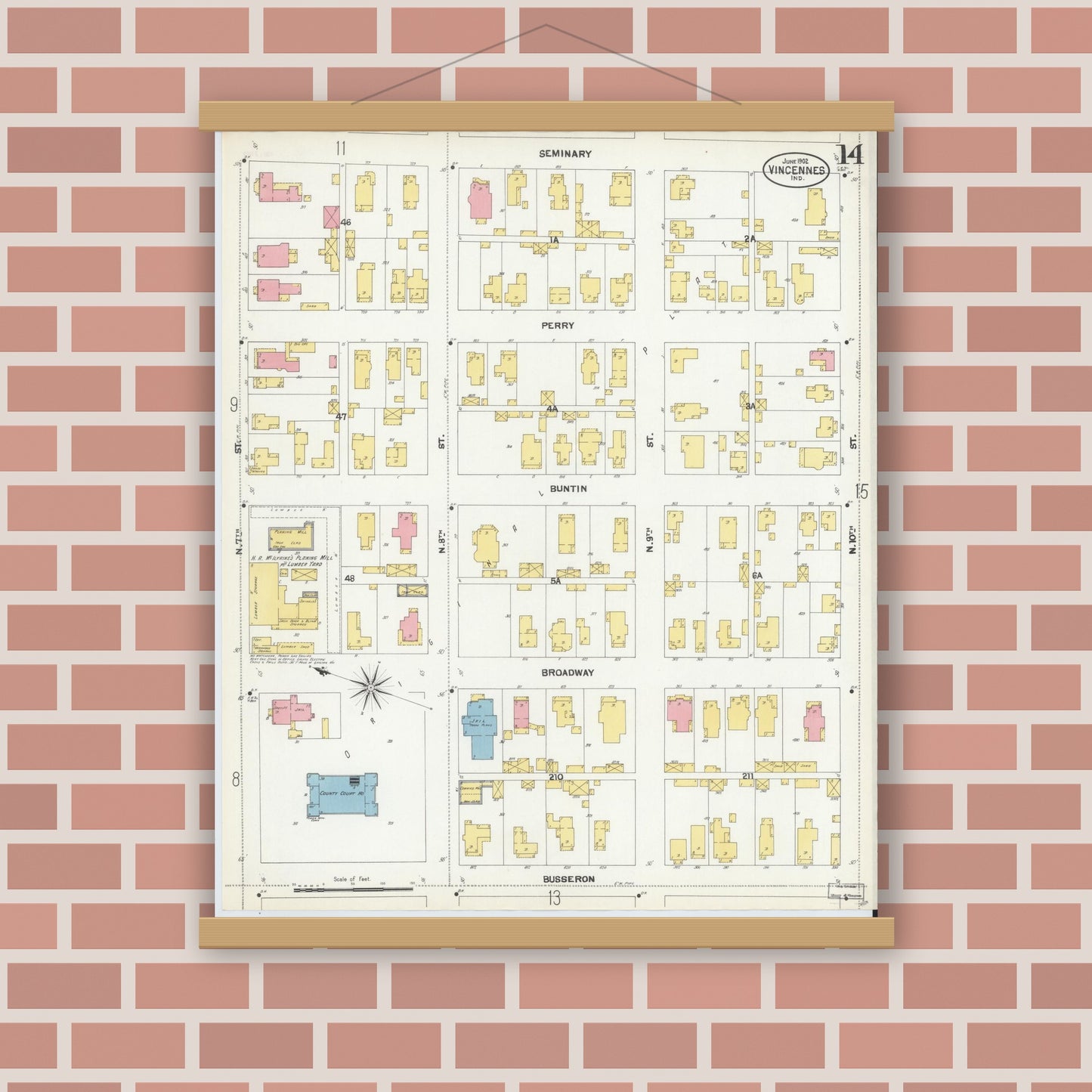 Old map wall art mockup — magnetic wood frame on brick wall — Sanborn Fire Insurance Map from Vincennes, Knox County, Indiana (1902), Sheet #0014
