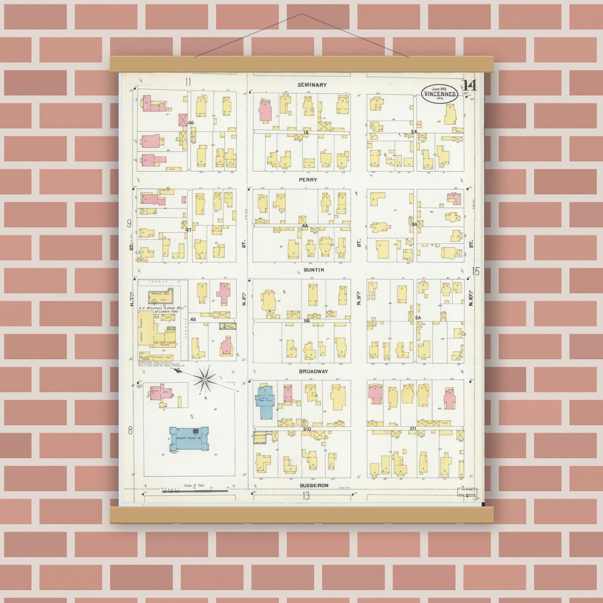 Old map wall art mockup — magnetic wood frame on brick wall — Sanborn Fire Insurance Map from Vincennes, Knox County, Indiana (1902), Sheet #0014