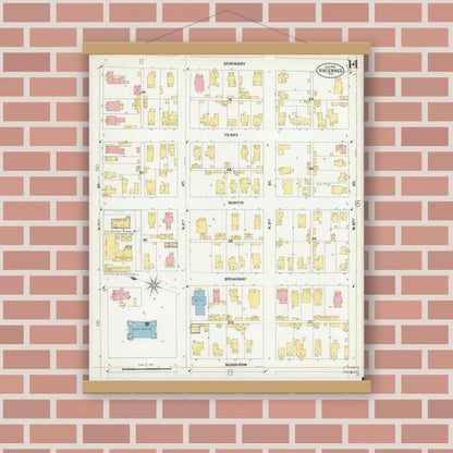 Old map wall art mockup — magnetic wood frame on brick wall — Sanborn Fire Insurance Map from Vincennes, Knox County, Indiana (1902), Sheet #0014