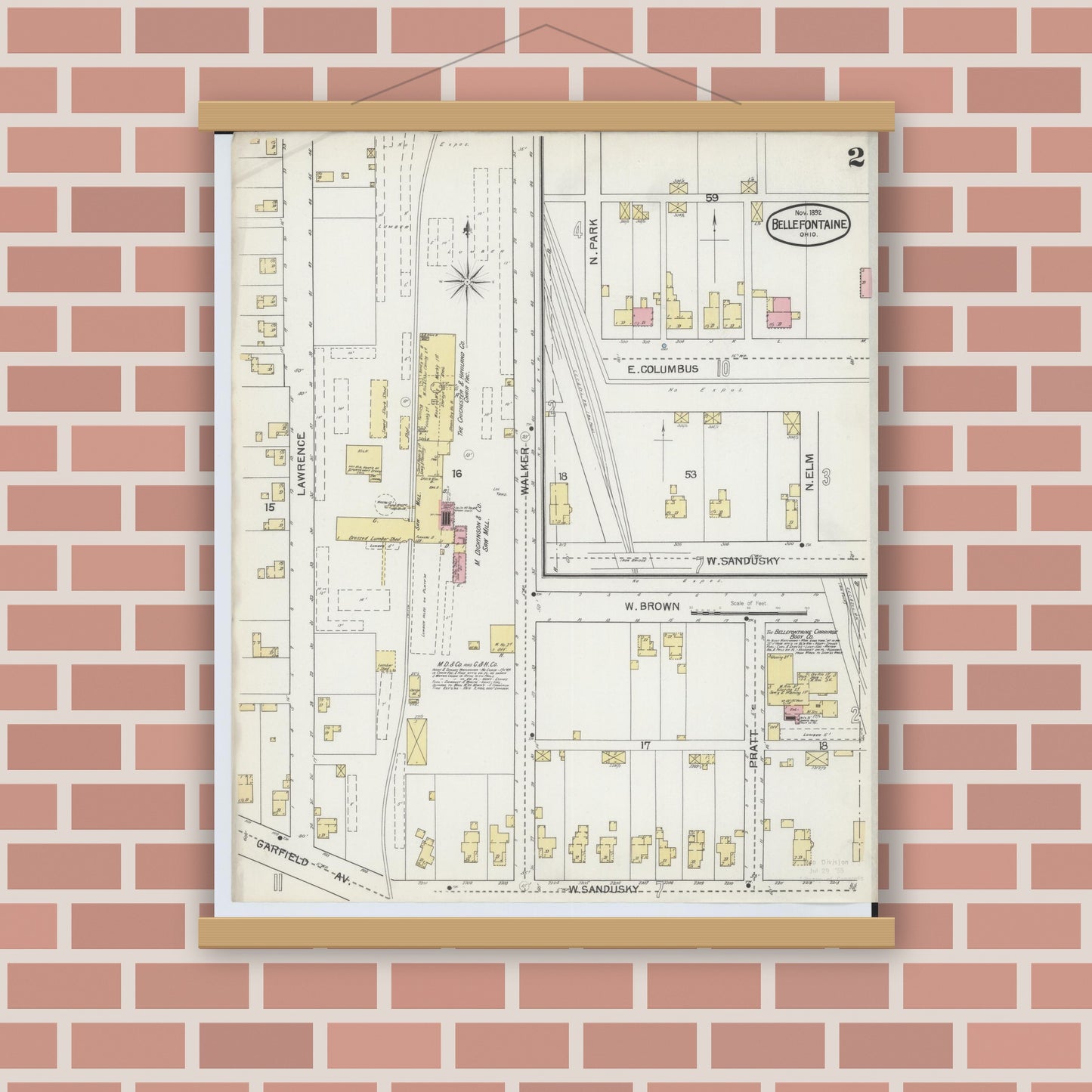 Old map wall art mockup — magnetic wood frame on brick wall — Sanborn Fire Insurance Map from Bellefontaine, Logan County, Ohio (1892), Sheet #0002
