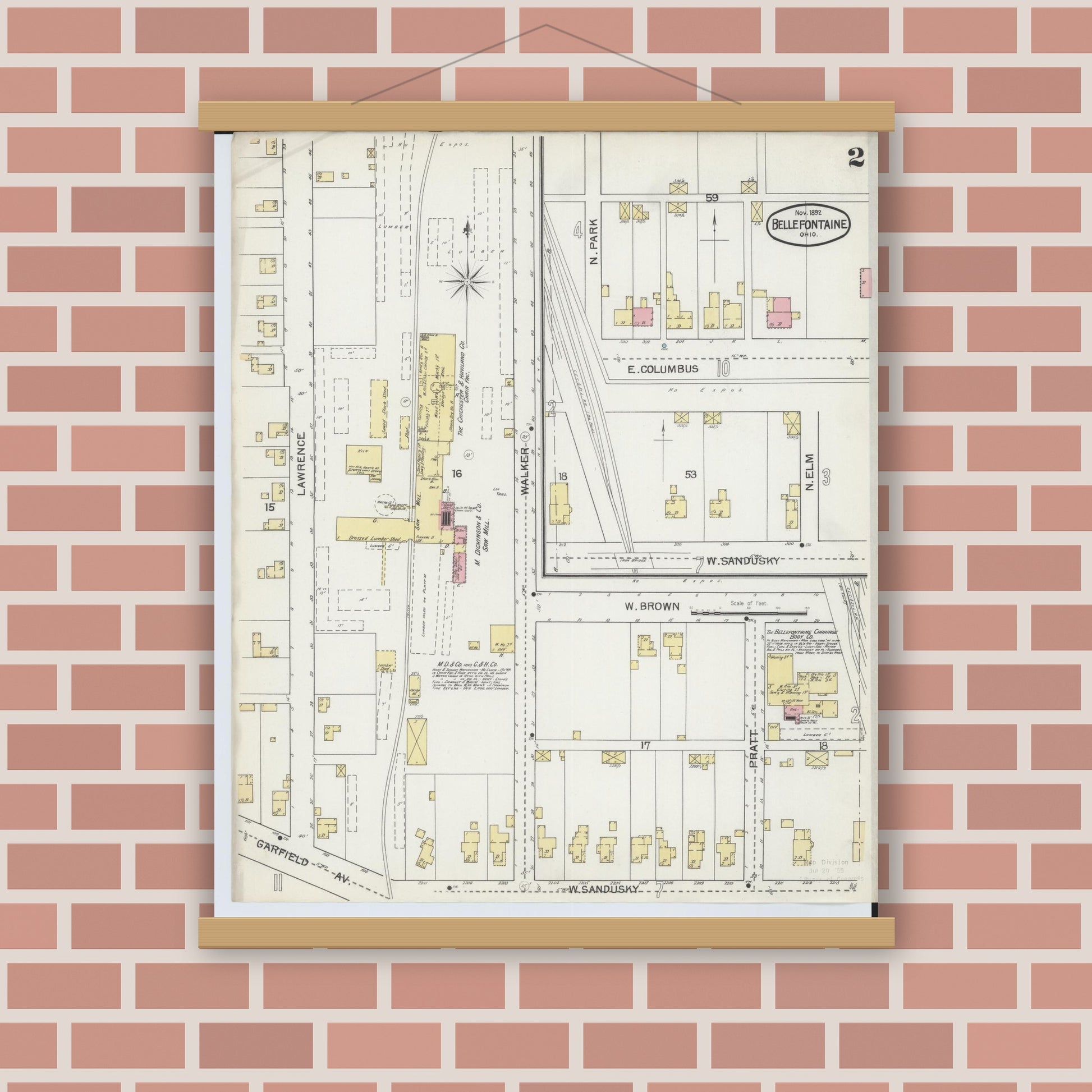 Old map wall art mockup — magnetic wood frame on brick wall — Sanborn Fire Insurance Map from Bellefontaine, Logan County, Ohio (1892), Sheet #0002