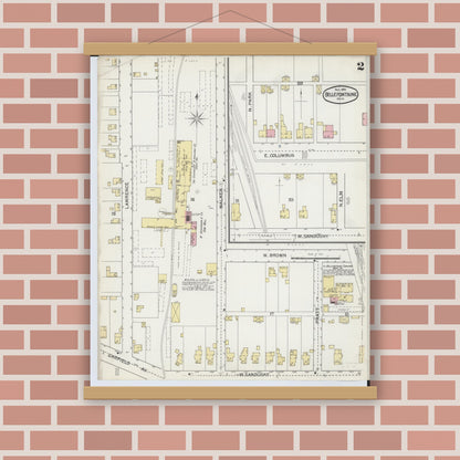 Old map wall art mockup — magnetic wood frame on brick wall — Sanborn Fire Insurance Map from Bellefontaine, Logan County, Ohio (1892), Sheet #0002