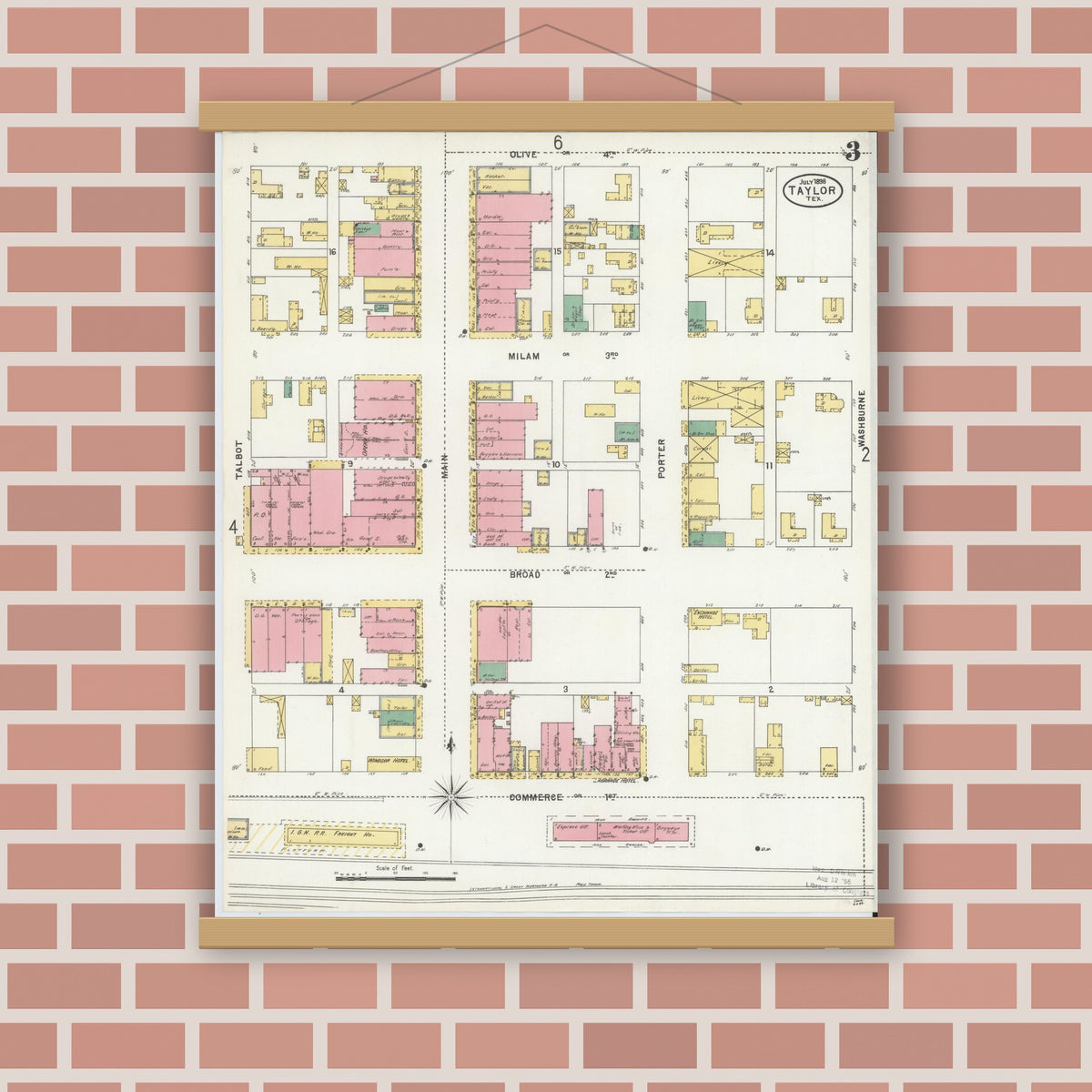 Old map wall art mockup — magnetic wood frame on brick wall — Sanborn Fire Insurance Map from Taylor, Williamson County, Texas (1898), Sheet #0003