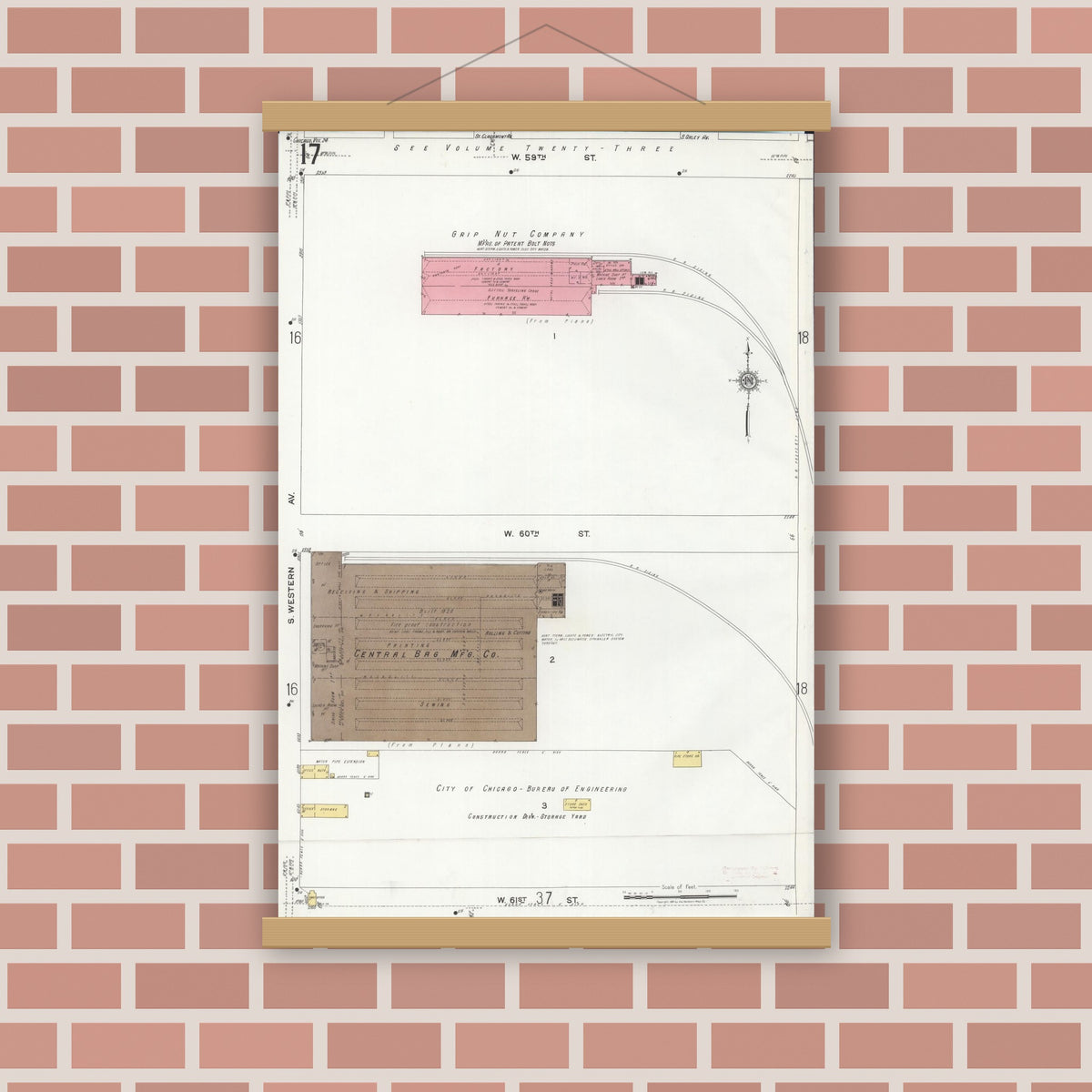 Old map wall art mockup — magnetic wood frame on brick wall — Sanborn Fire Insurance Map from Chicago, Cook County, Illinois (1920), Sheet #0017