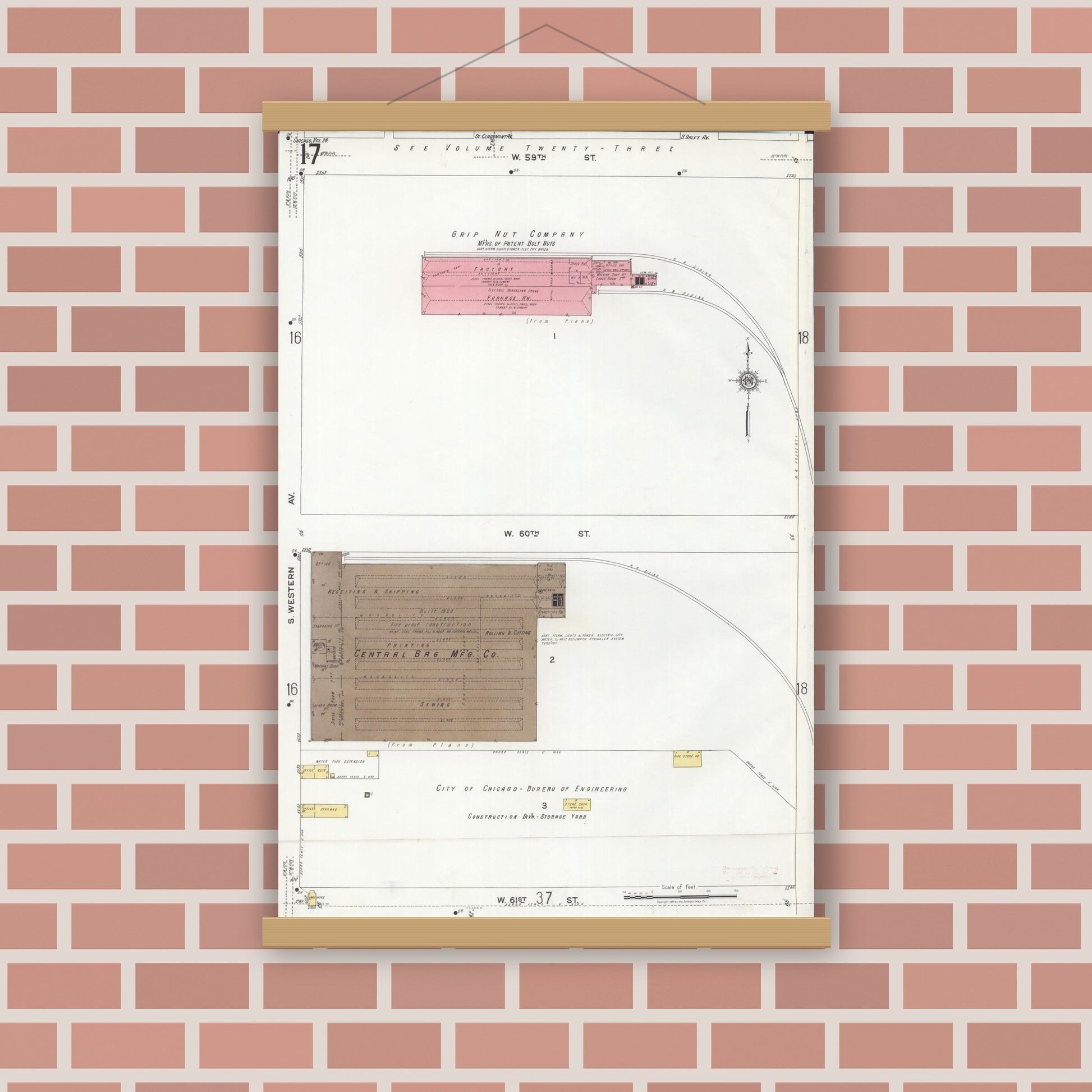 Old map wall art mockup — magnetic wood frame on brick wall — Sanborn Fire Insurance Map from Chicago, Cook County, Illinois (1920), Sheet #0017