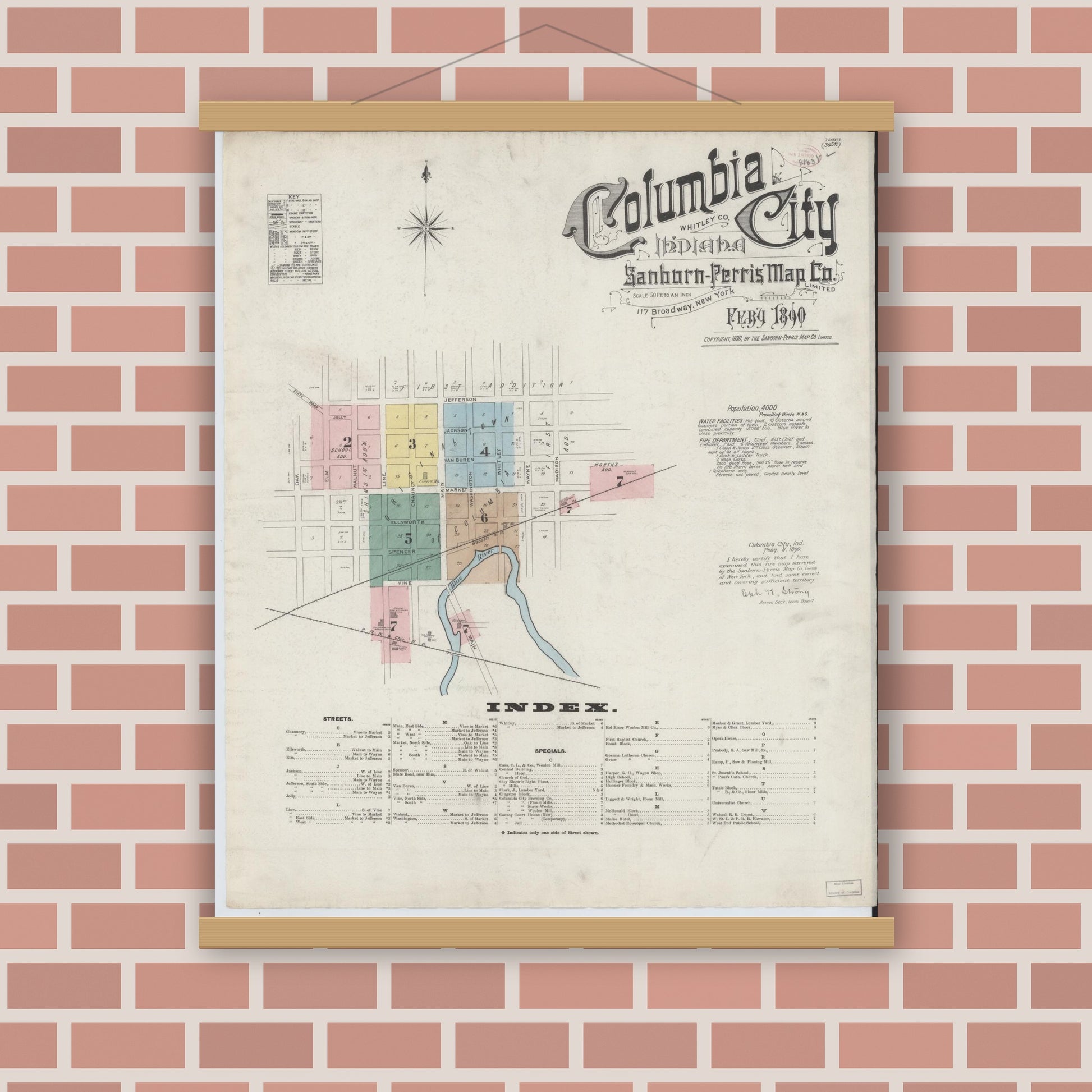 Old map wall art mockup — magnetic wood frame on brick wall — Sanborn Fire Insurance Map from Columbia City, Whitley County, Indiana (1890) - Complete Map Set