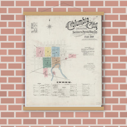 Old map wall art mockup — magnetic wood frame on brick wall — Sanborn Fire Insurance Map from Columbia City, Whitley County, Indiana (1890) - Complete Map Set