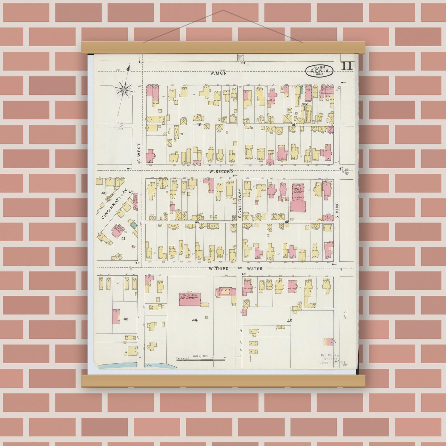 Old map wall art mockup — magnetic wood frame on brick wall — Sanborn Fire Insurance Map from Xenia, Greene County, Ohio (1895), Sheet #0011