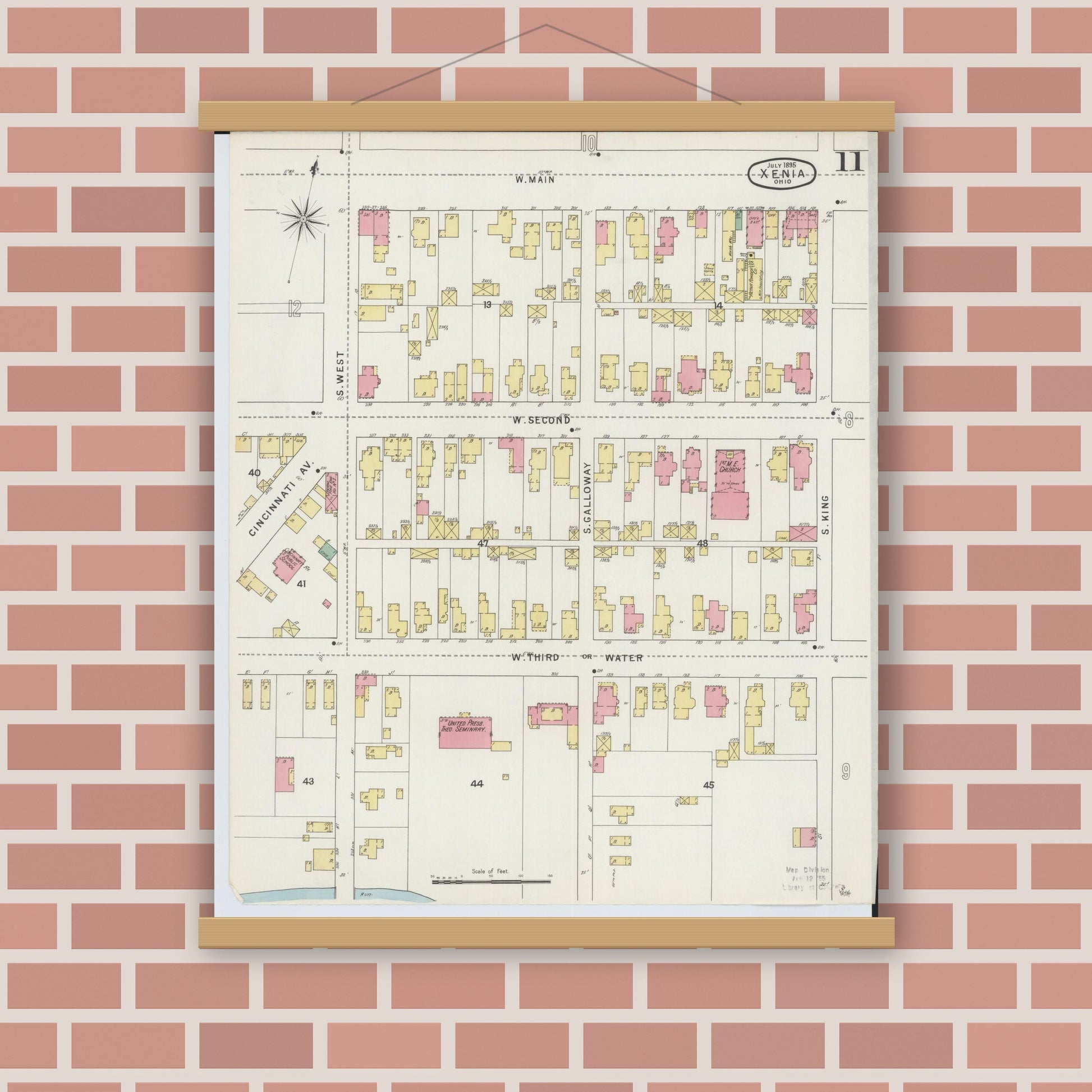 Old map wall art mockup — magnetic wood frame on brick wall — Sanborn Fire Insurance Map from Xenia, Greene County, Ohio (1895), Sheet #0011