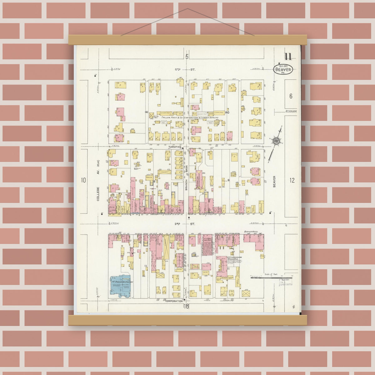 Old map wall art mockup — magnetic wood frame on brick wall — Sanborn Fire Insurance Map from Beaver, Beaver County, Pennsylvania (1912), Sheet #0011