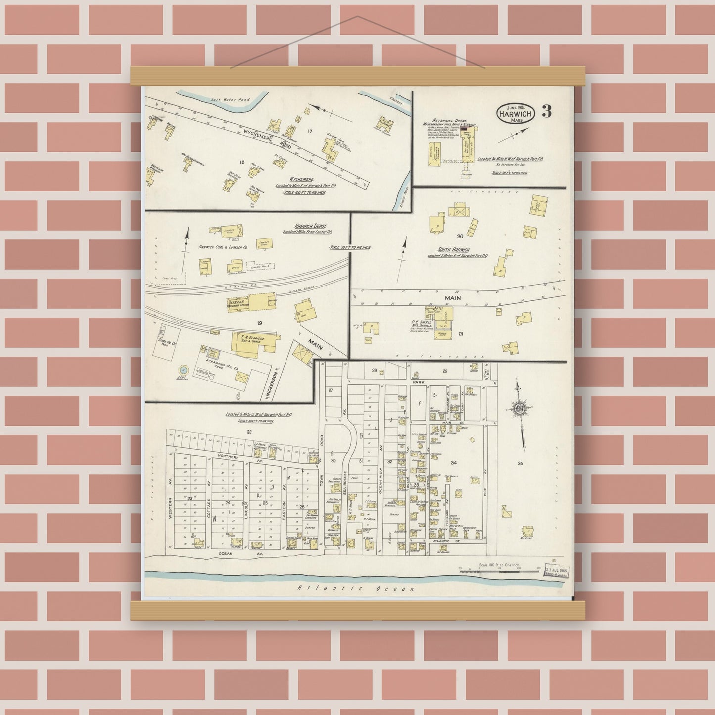Old map wall art mockup — magnetic wood frame on brick wall — Sanborn Fire Insurance Map from Harwich, Barnstable County, Massachusetts (1915), Sheet #0003