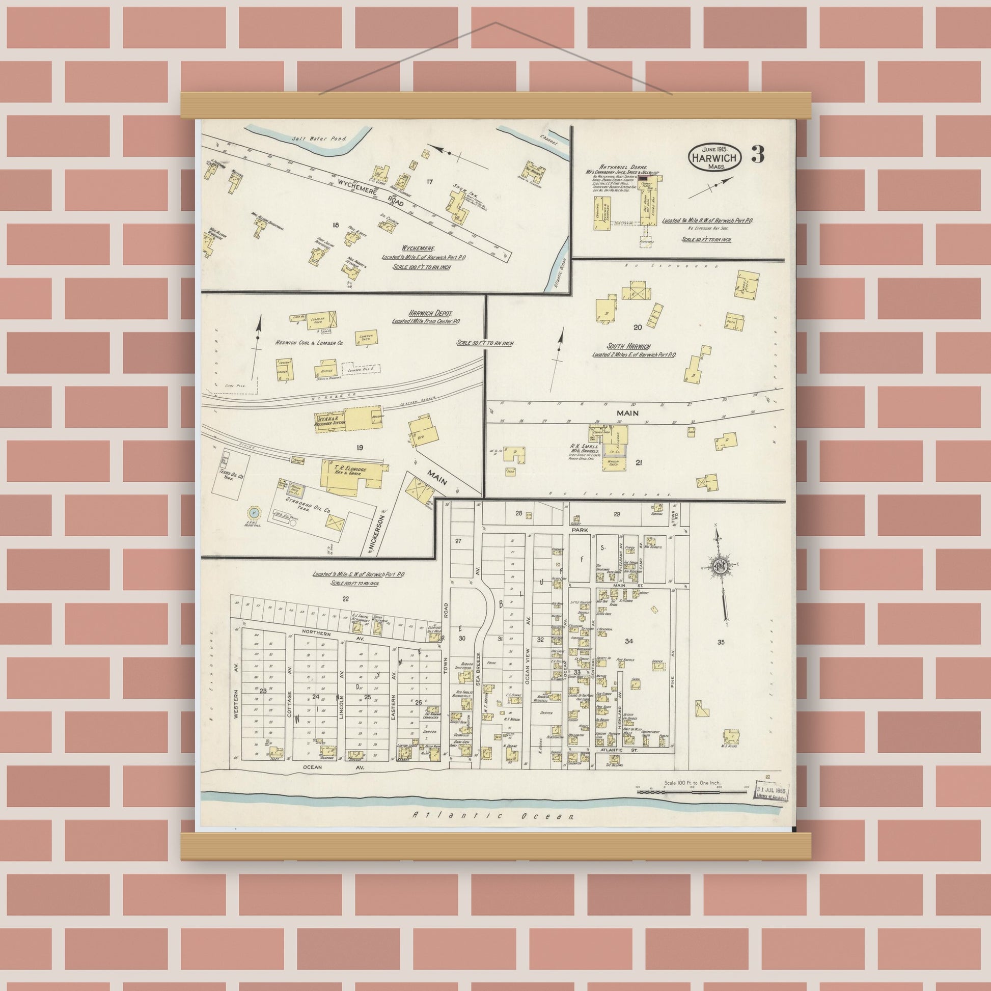 Old map wall art mockup — magnetic wood frame on brick wall — Sanborn Fire Insurance Map from Harwich, Barnstable County, Massachusetts (1915), Sheet #0003