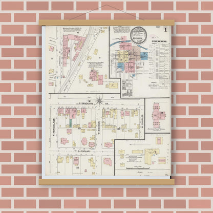 Old map wall art mockup — magnetic wood frame on brick wall — Sanborn Fire Insurance Map from Bucyrus, Crawford County, Ohio (1888), Sheet #0001