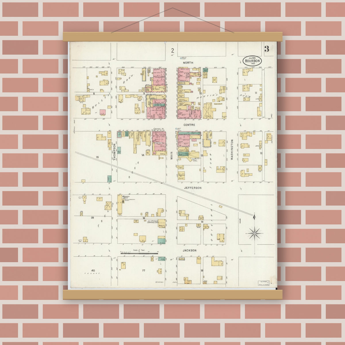 Old map wall art mockup — magnetic wood frame on brick wall — Sanborn Fire Insurance Map from Bourbon, Marshall County, Indiana (1899), Sheet #0003