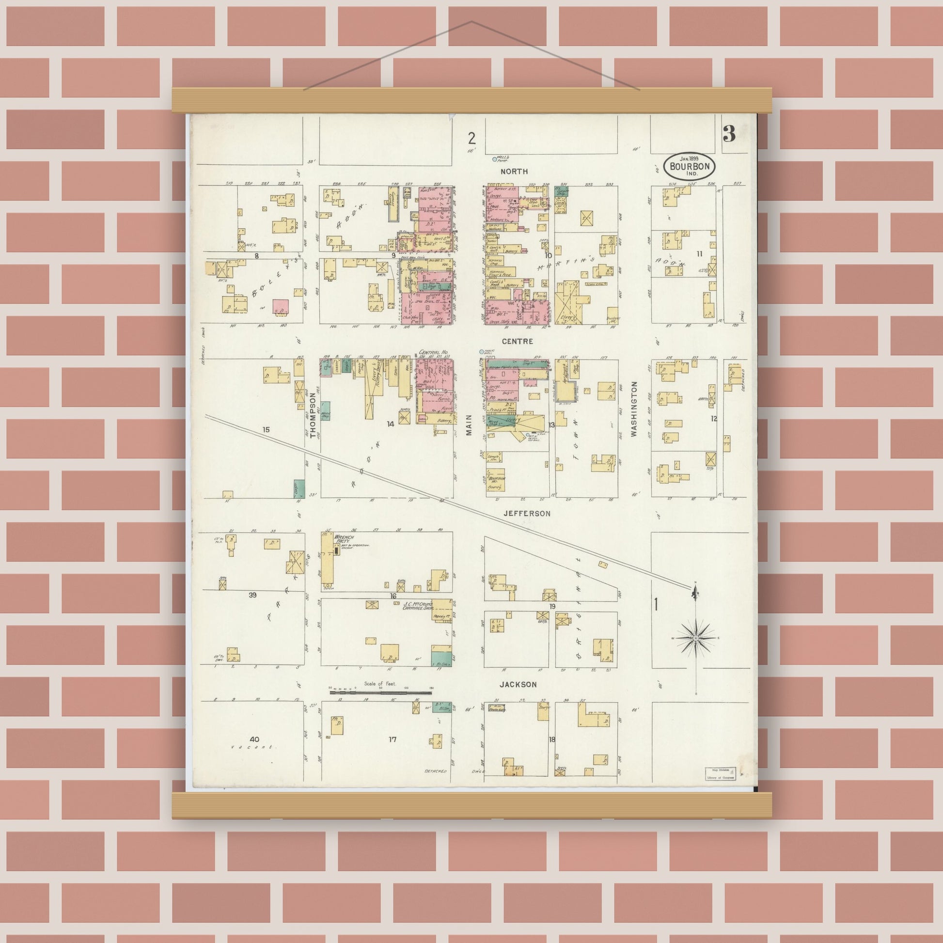 Old map wall art mockup — magnetic wood frame on brick wall — Sanborn Fire Insurance Map from Bourbon, Marshall County, Indiana (1899), Sheet #0003