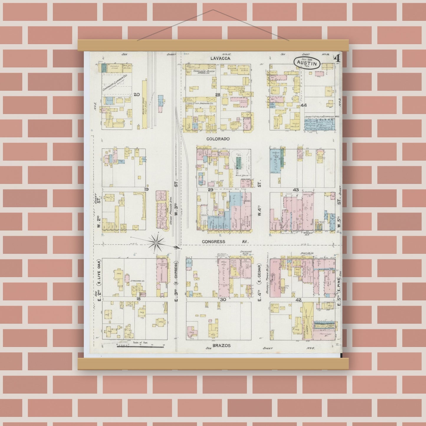Old map wall art mockup — magnetic wood frame on brick wall — Sanborn Fire Insurance Map from Austin, Travis County, Texas (1889), Sheet #0004