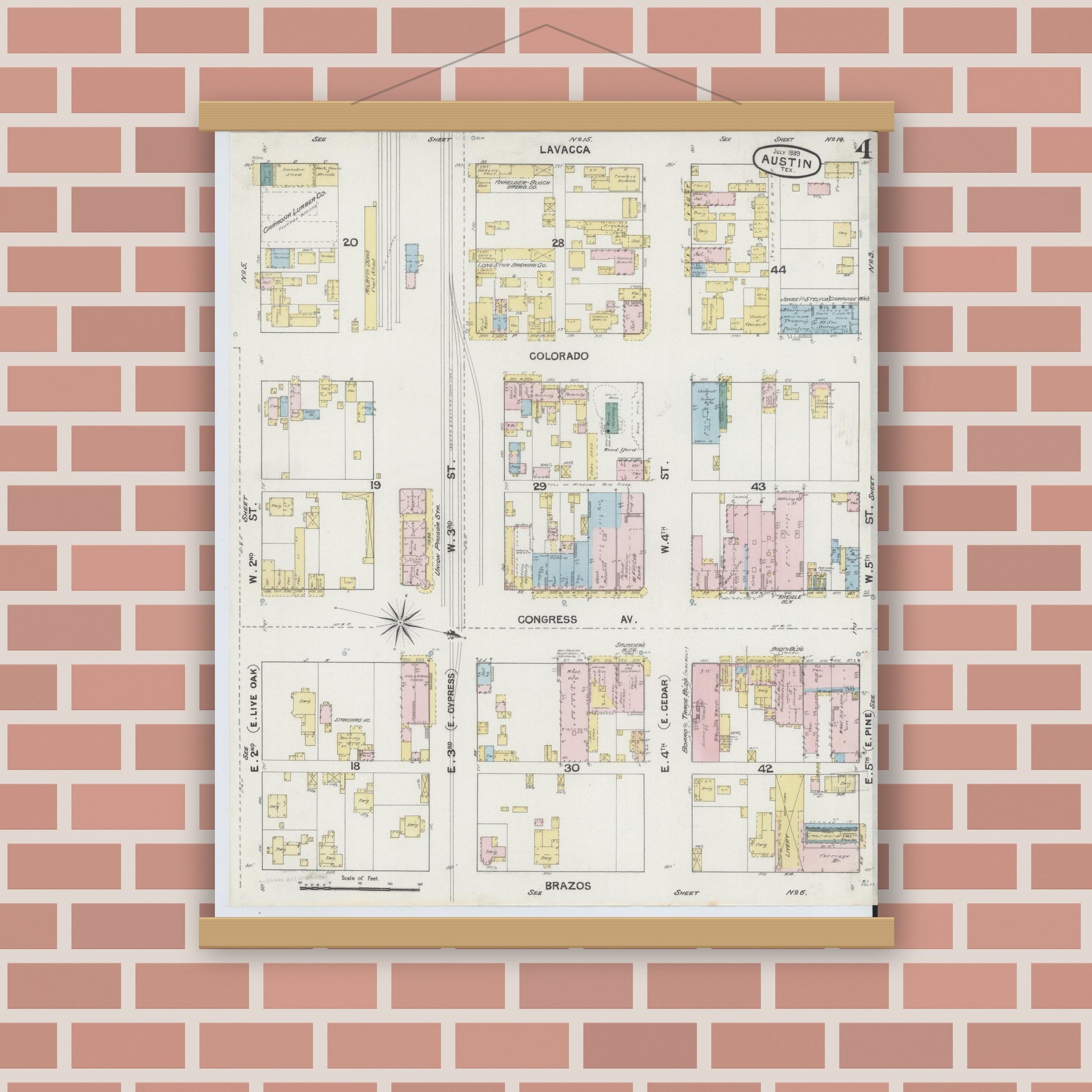 Old map wall art mockup — magnetic wood frame on brick wall — Sanborn Fire Insurance Map from Austin, Travis County, Texas (1889), Sheet #0004