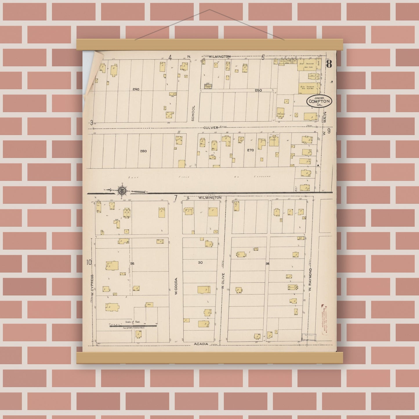 Old map wall art mockup — magnetic wood frame on brick wall — Sanborn Fire Insurance Map from Compton, Los Angeles County, California (1922), Sheet #0008