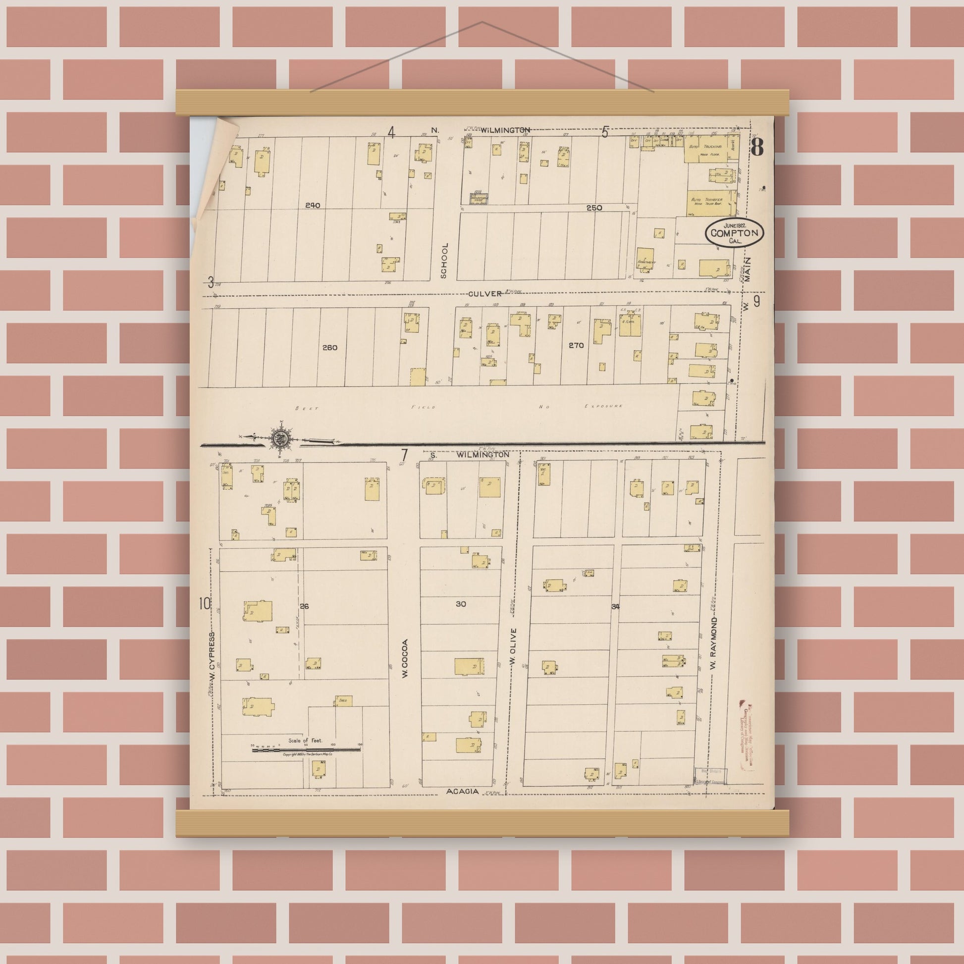 Old map wall art mockup — magnetic wood frame on brick wall — Sanborn Fire Insurance Map from Compton, Los Angeles County, California (1922), Sheet #0008