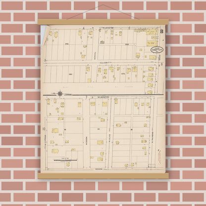 Old map wall art mockup — magnetic wood frame on brick wall — Sanborn Fire Insurance Map from Compton, Los Angeles County, California (1922), Sheet #0008