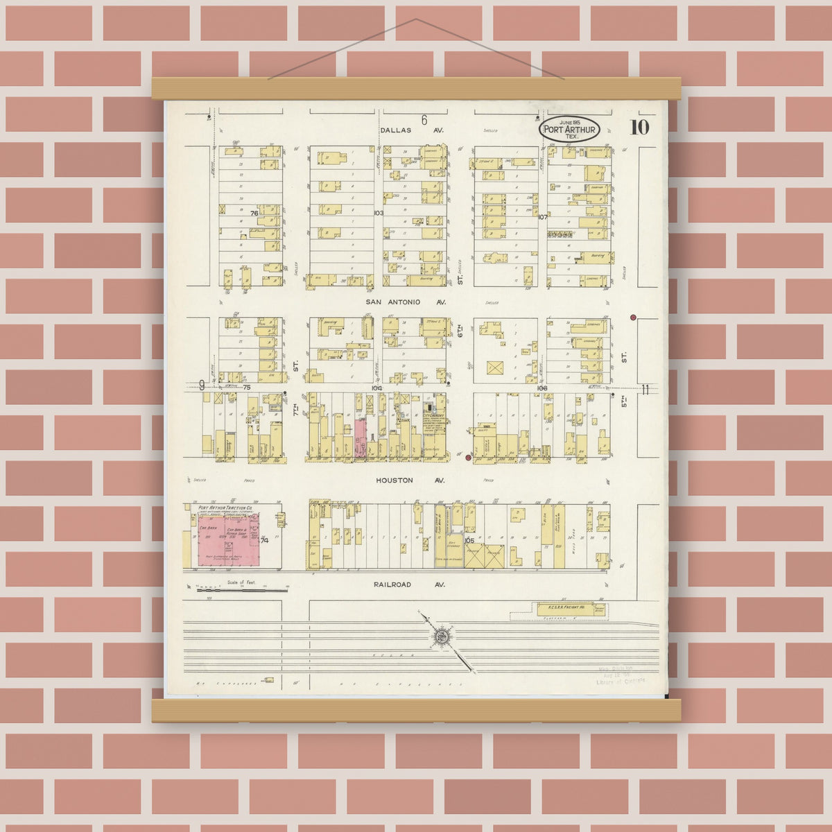 Old map wall art mockup — magnetic wood frame on brick wall — Sanborn Fire Insurance Map from Port Arthur, Jefferson County, Texas (1915), Sheet #0010