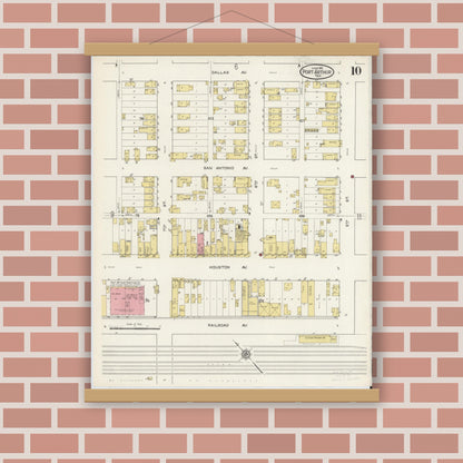 Old map wall art mockup — magnetic wood frame on brick wall — Sanborn Fire Insurance Map from Port Arthur, Jefferson County, Texas (1915), Sheet #0010