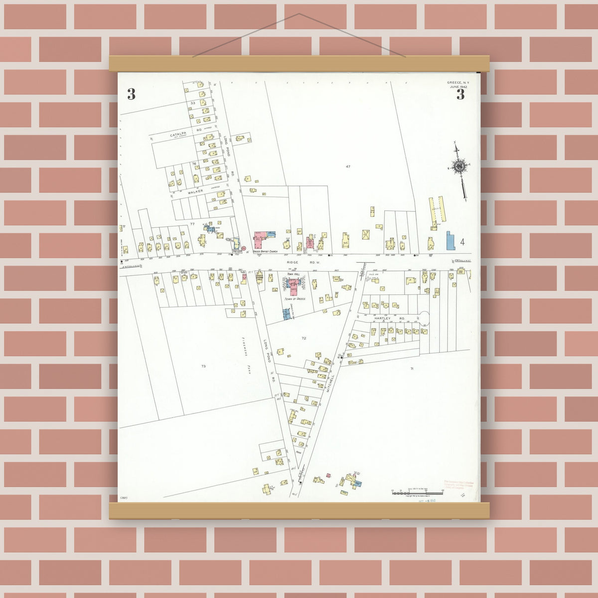 Old map wall art mockup — magnetic wood frame on brick wall — Sanborn Fire Insurance Map from Greece, Monroe County, New York (1942), Sheet #0003