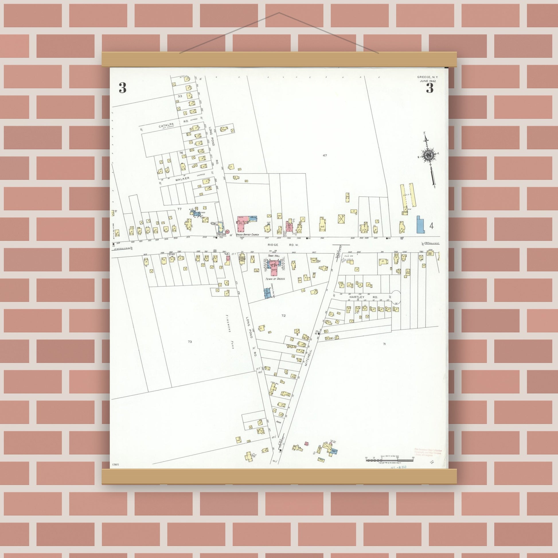 Old map wall art mockup — magnetic wood frame on brick wall — Sanborn Fire Insurance Map from Greece, Monroe County, New York (1942), Sheet #0003
