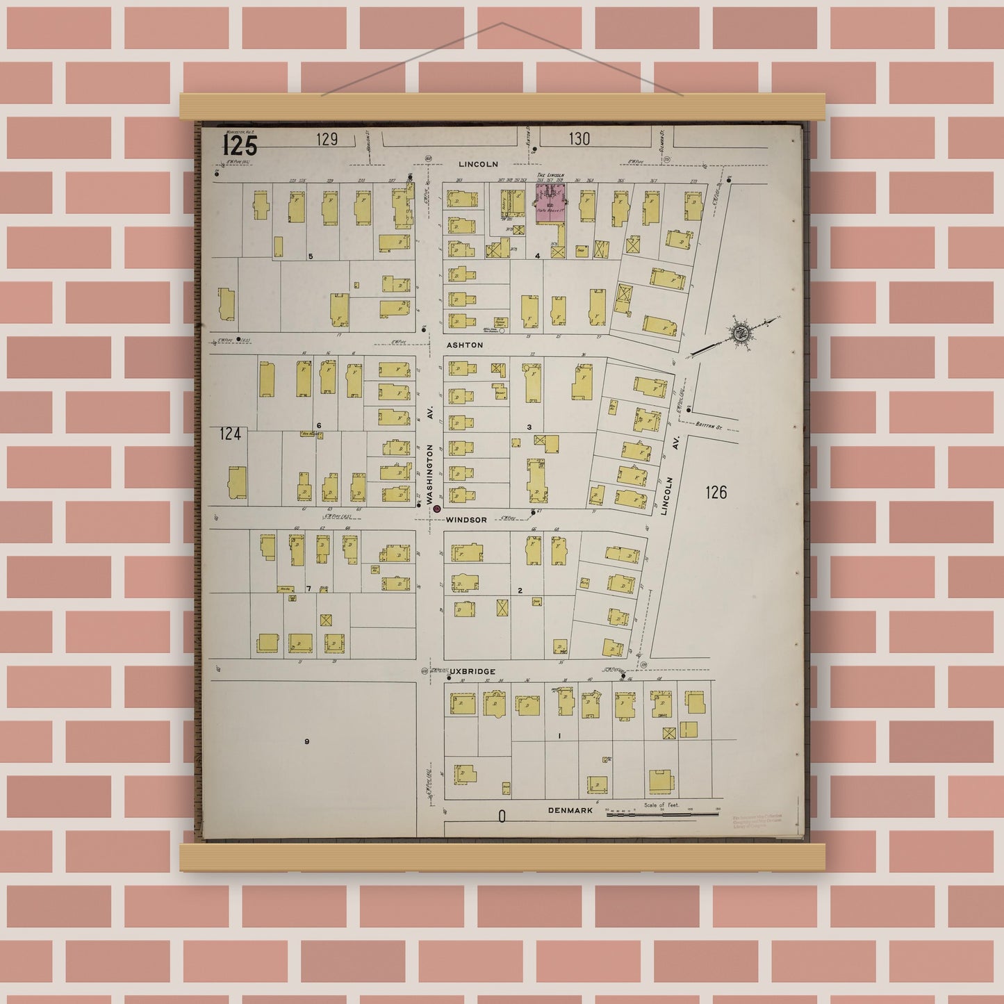 Old map wall art mockup — magnetic wood frame on brick wall — Sanborn Fire Insurance Map from Worcester, Worcester County, Massachusetts (1910), Sheet #0125