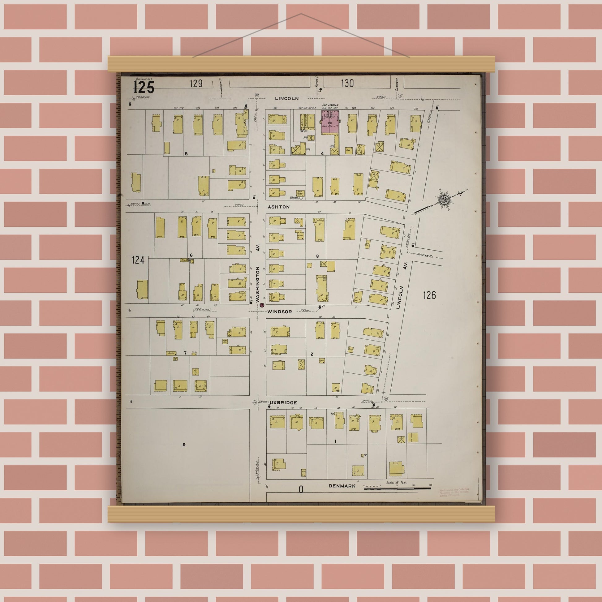 Old map wall art mockup — magnetic wood frame on brick wall — Sanborn Fire Insurance Map from Worcester, Worcester County, Massachusetts (1910), Sheet #0125