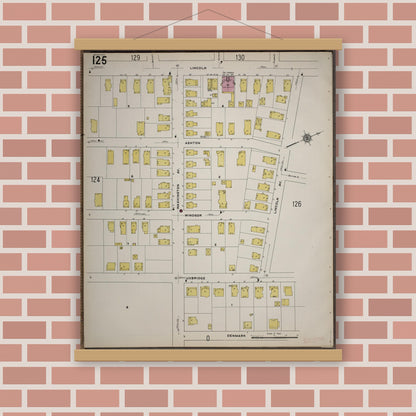 Old map wall art mockup — magnetic wood frame on brick wall — Sanborn Fire Insurance Map from Worcester, Worcester County, Massachusetts (1910), Sheet #0125