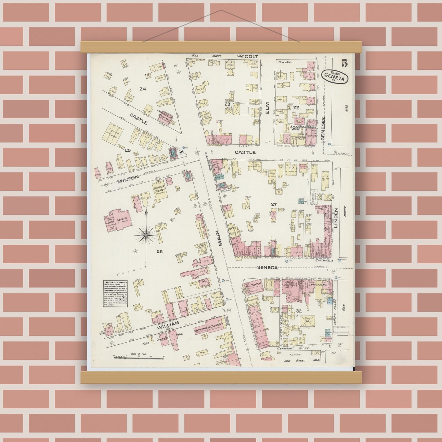 Old map wall art mockup — magnetic wood frame on brick wall — Sanborn Fire Insurance Map from Geneva, Ontario County, New York (1884), Sheet #0005