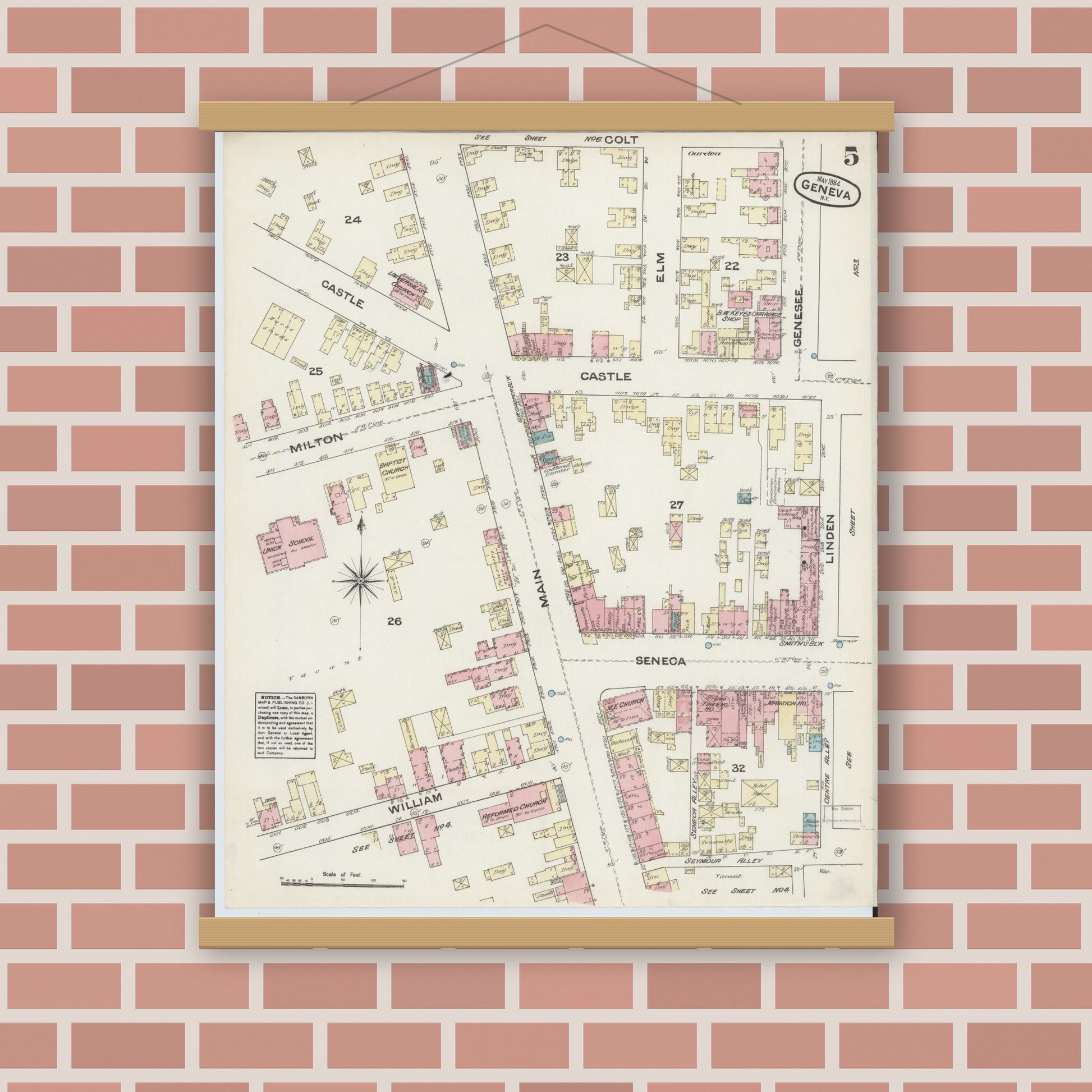 Old map wall art mockup — magnetic wood frame on brick wall — Sanborn Fire Insurance Map from Geneva, Ontario County, New York (1884), Sheet #0005