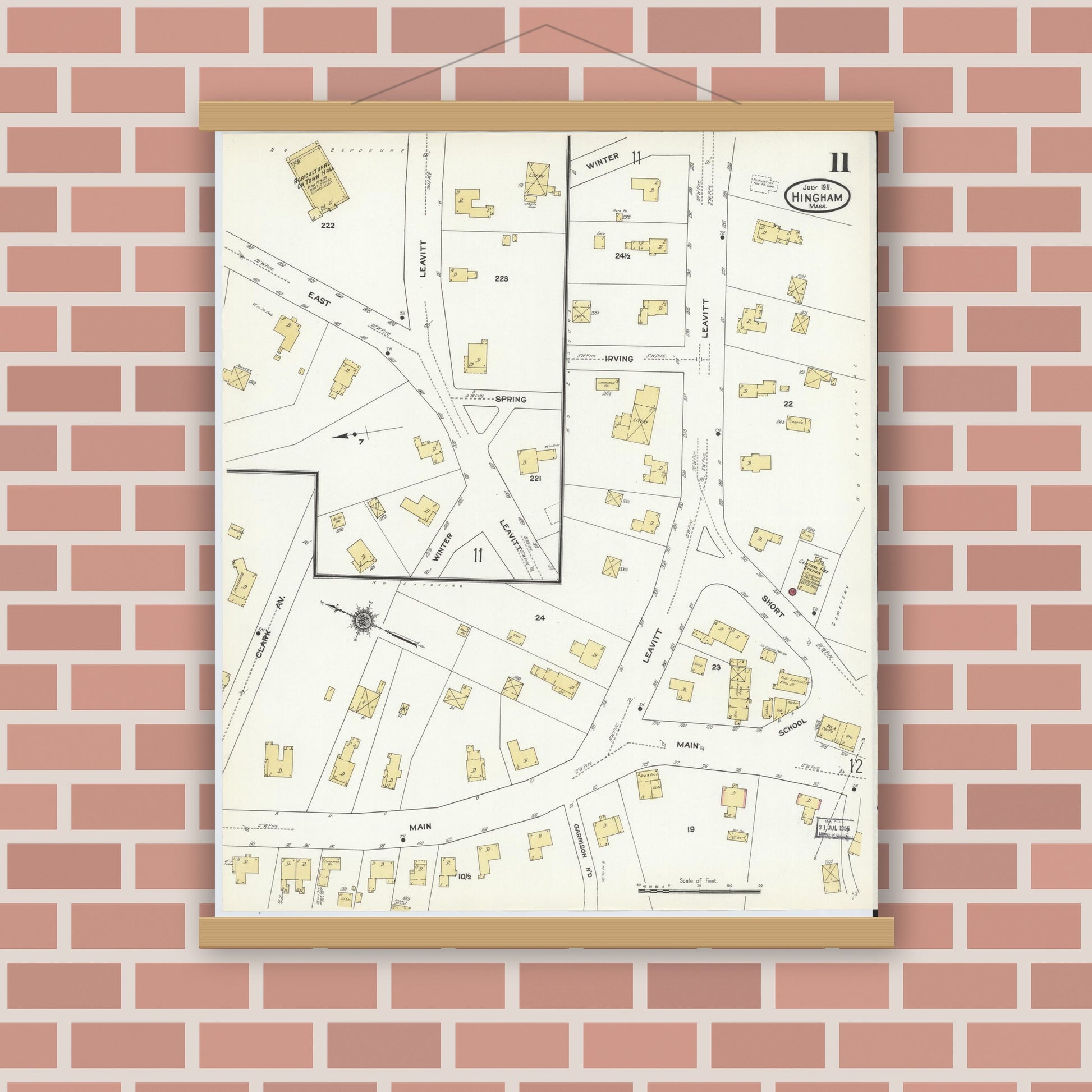 Old map wall art mockup — magnetic wood frame on brick wall — Sanborn Fire Insurance Map from Hingham, Plymouth County, Massachusetts (1911), Sheet #0011