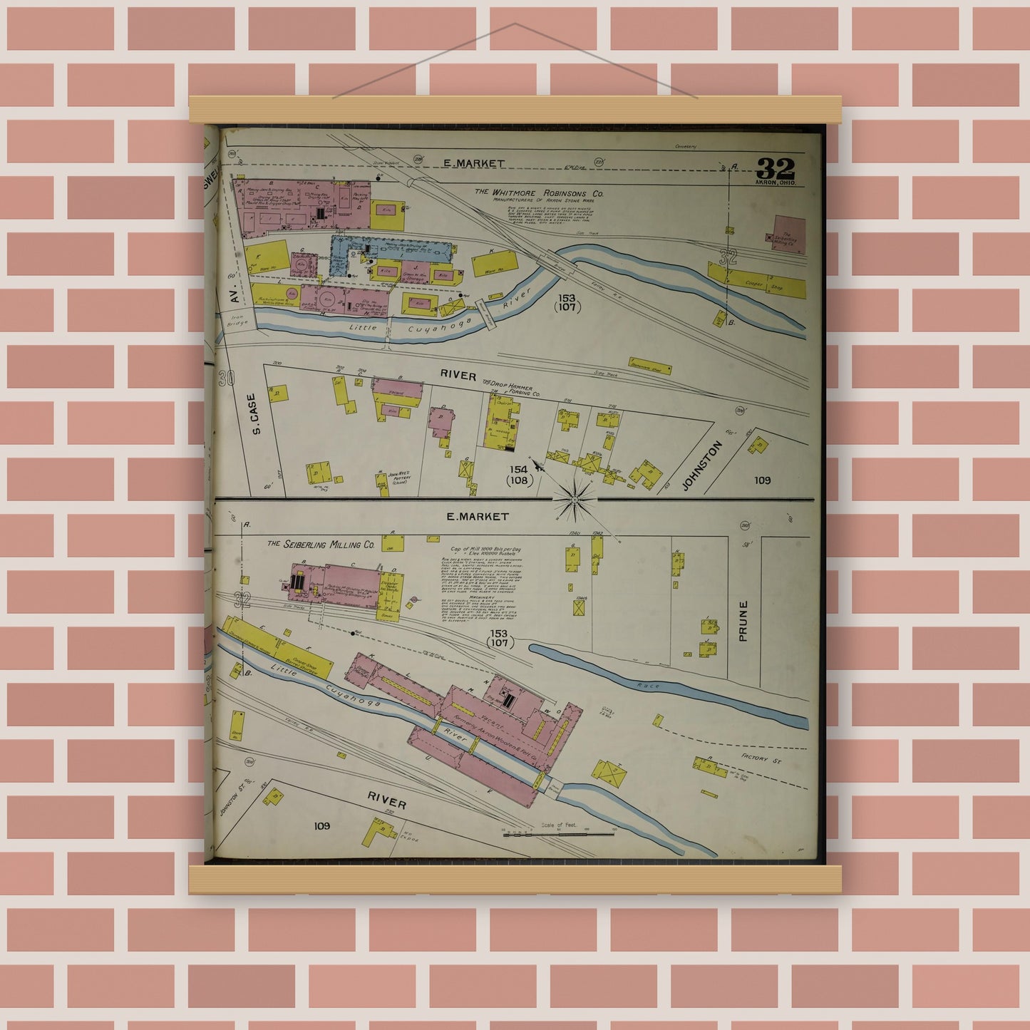Old map wall art mockup — magnetic wood frame on brick wall — Sanborn Fire Insurance Map from Akron, Summit County, Ohio (1892), Sheet #0032