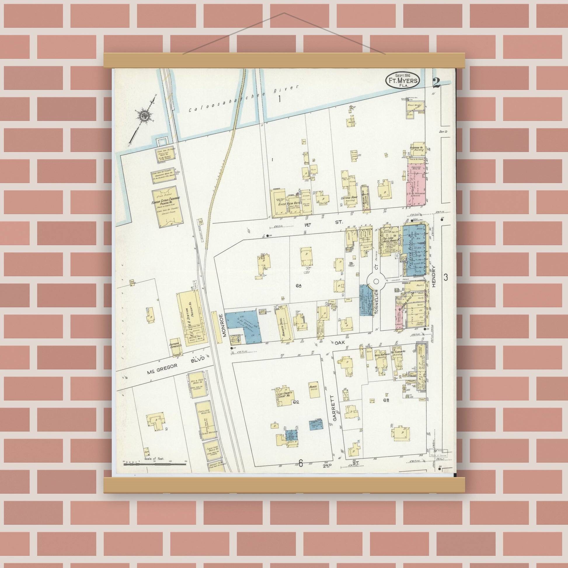 Old map wall art mockup — magnetic wood frame on brick wall — Sanborn Fire Insurance Map from Fort Myers, Lee County, Florida (1914), Sheet #0002