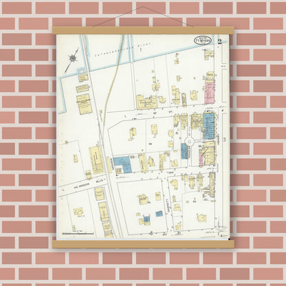 Old map wall art mockup — magnetic wood frame on brick wall — Sanborn Fire Insurance Map from Fort Myers, Lee County, Florida (1914), Sheet #0002